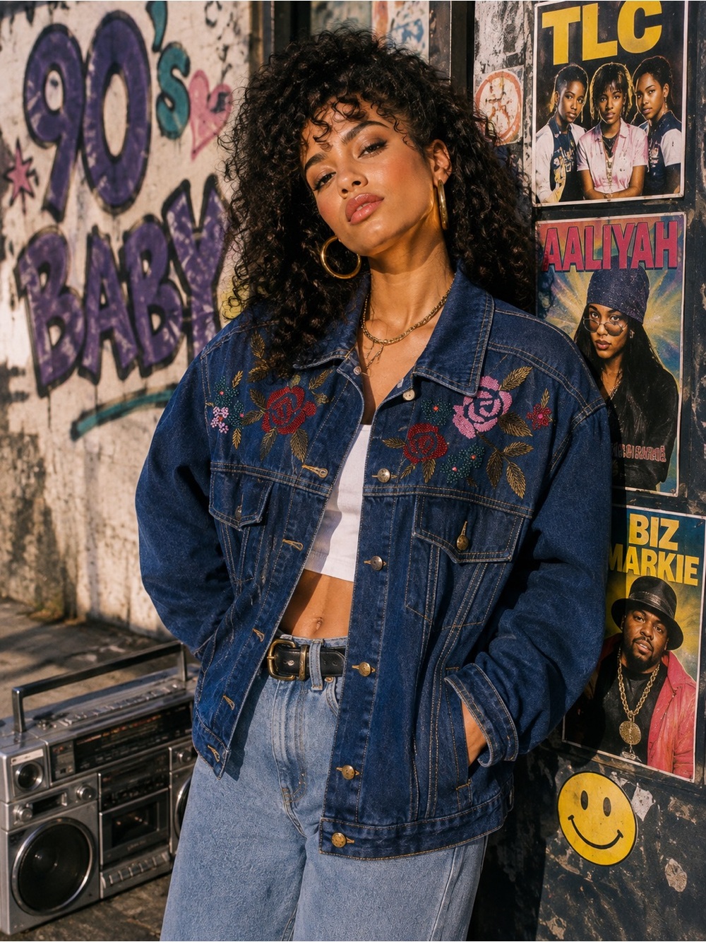 Carole Little Embroidered Sequins Dark Blue Denim Jacket with Rose Motif